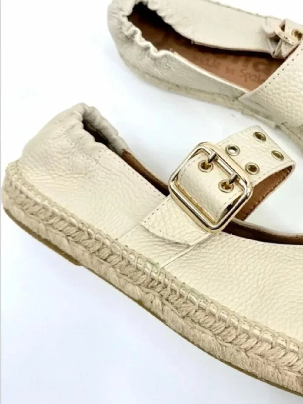 JUTELIA MADE IN SPAIN Cream Pebble Leather Mary Jane Espadrille Flats Size 38